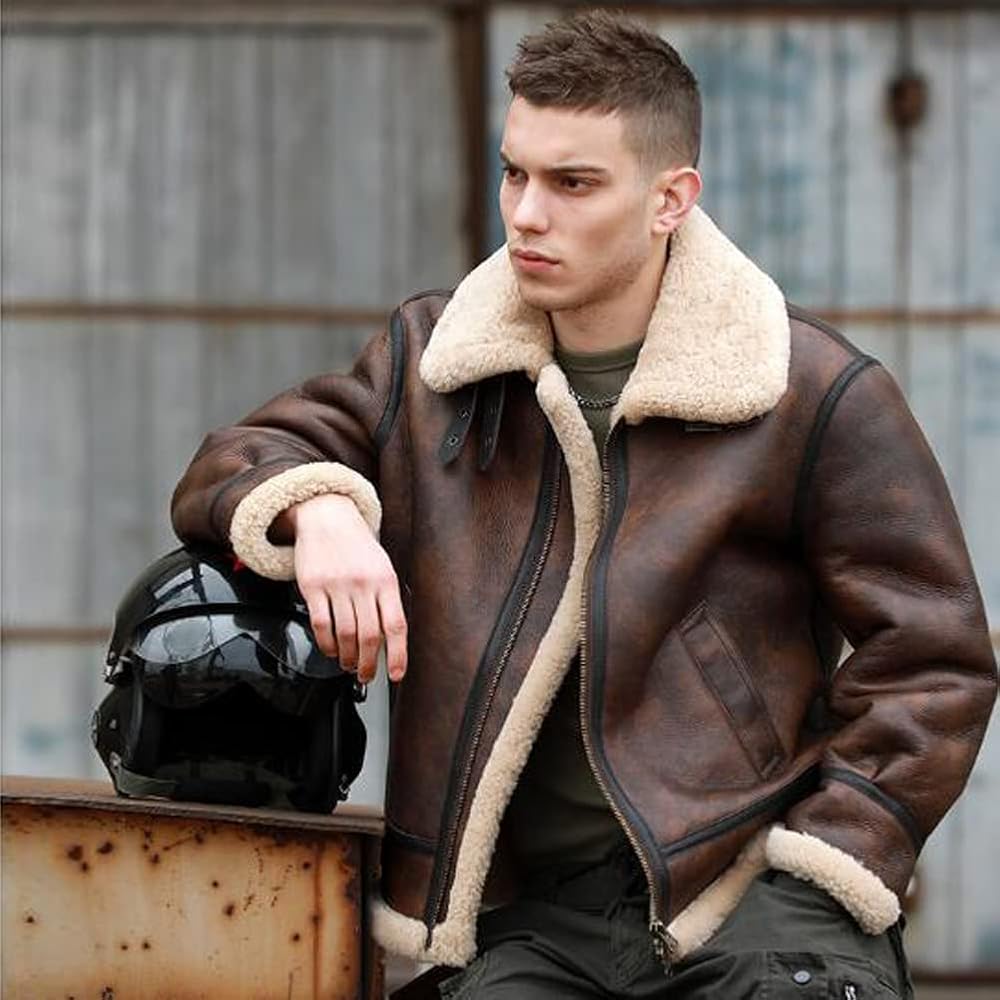 Men’s shearling and sheepskin leather jackets with warm lined design, classic aviator styling and premium winter outerwear appeal.