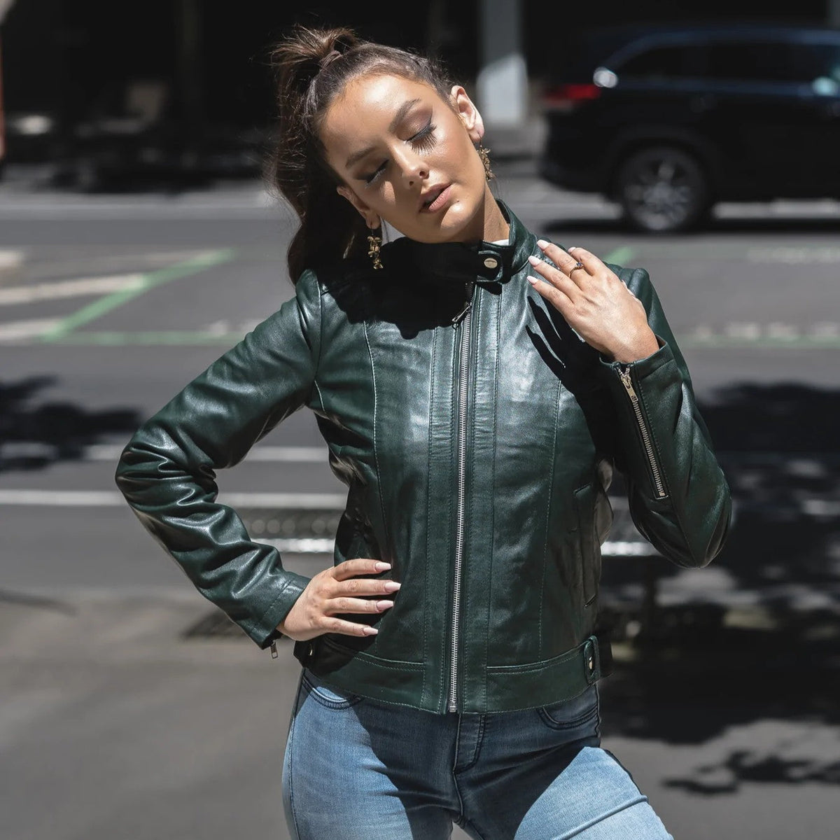 Women’s leather jackets in premium genuine leather with classic biker, bomber and tailored styles for elegant everyday outerwear.