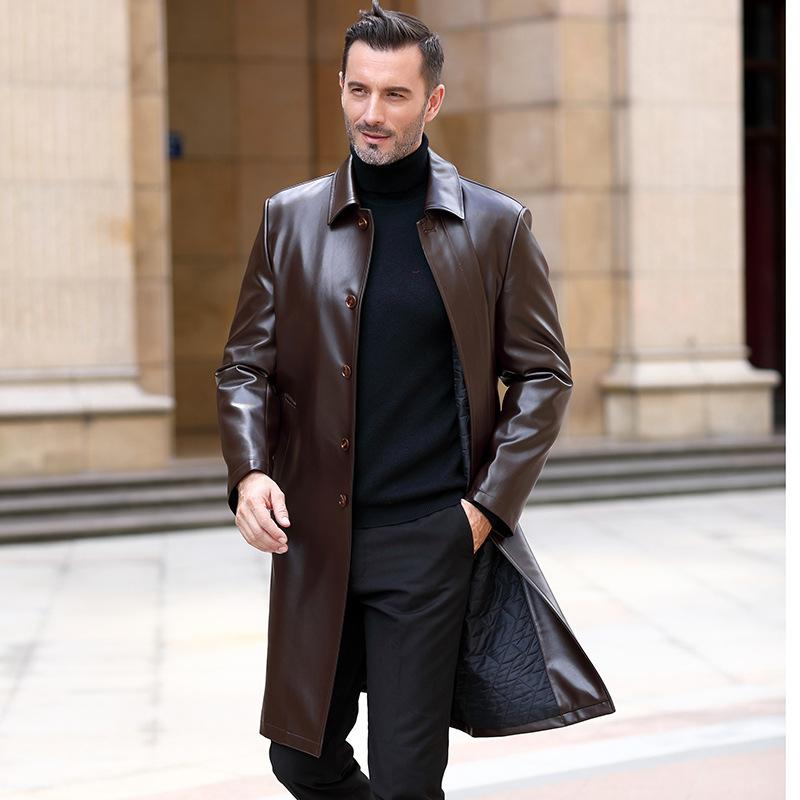 Men’s leather coat in premium black leather with classic longline fit, button-front design and smart winter outerwear style.