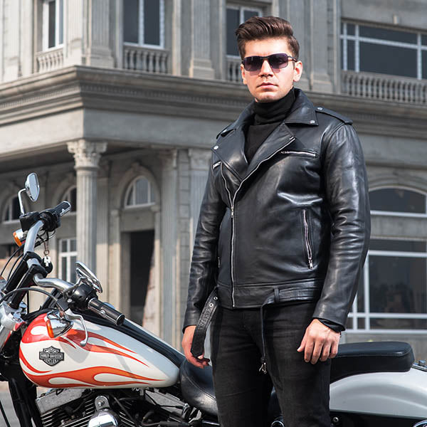 Men’s leather racer jackets in premium genuine leather with sleek café racer styling, zip-front design and modern biker outerwear appeal.