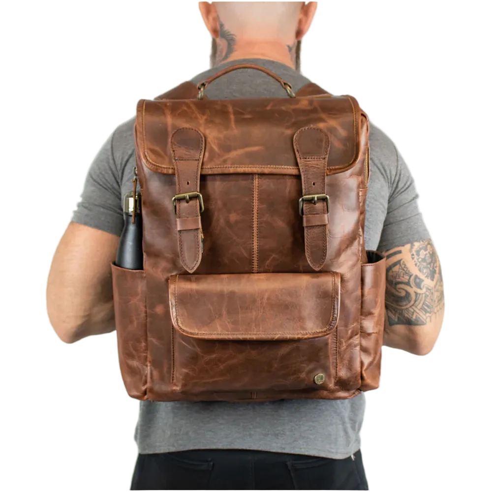 brown lambskin leather backpack side angle