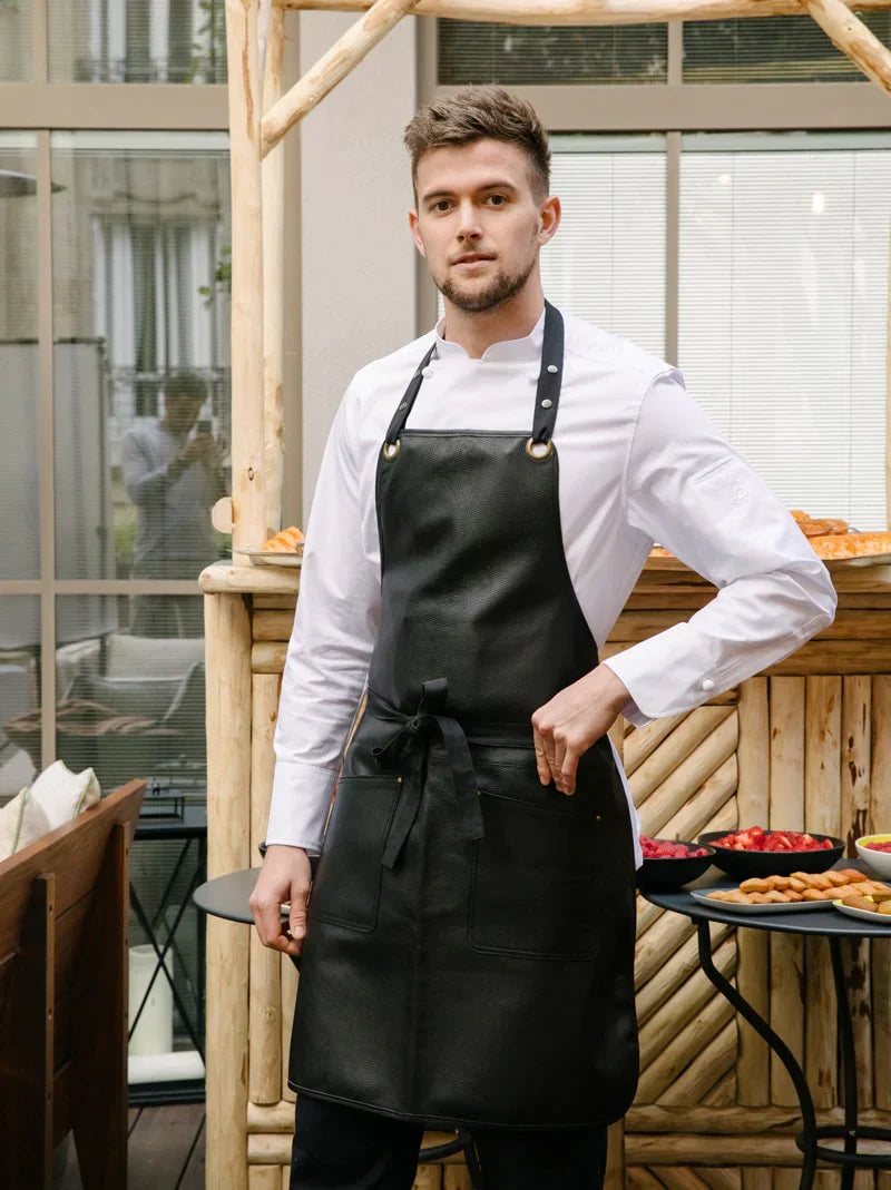 Genuine leather apron with adjustable straps and practical utility pockets