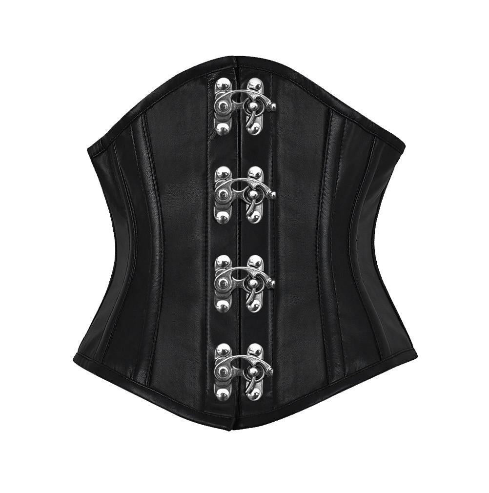 women’s black cowhide leather corset front view