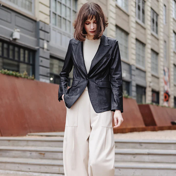 Women’s leather blazer with a tailored fit and refined structured styling