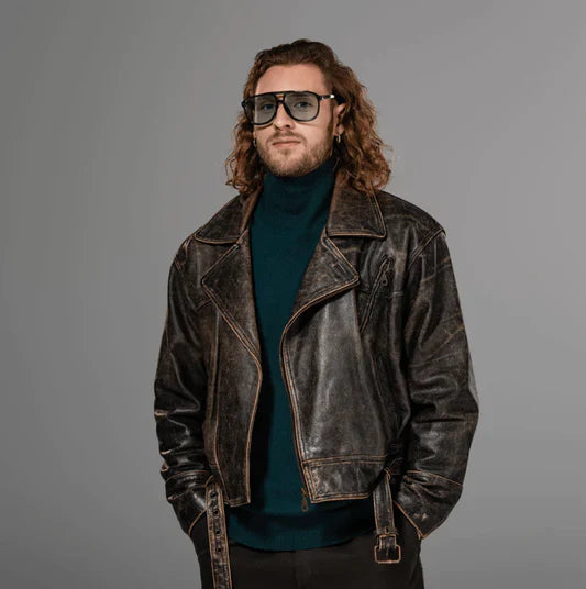 Men’s distressed leather jackets in premium leather with rugged vintage finish, classic biker styling and timeless masculine outerwear appeal.