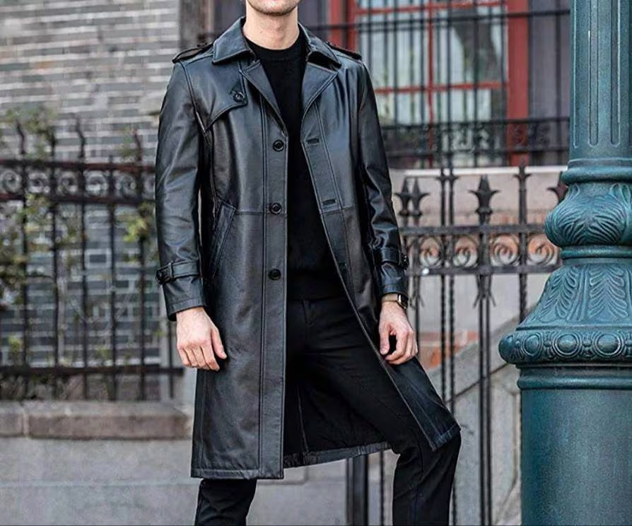 Men’s black leather trench coat with longline design, premium leather finish and classic full-length outerwear style