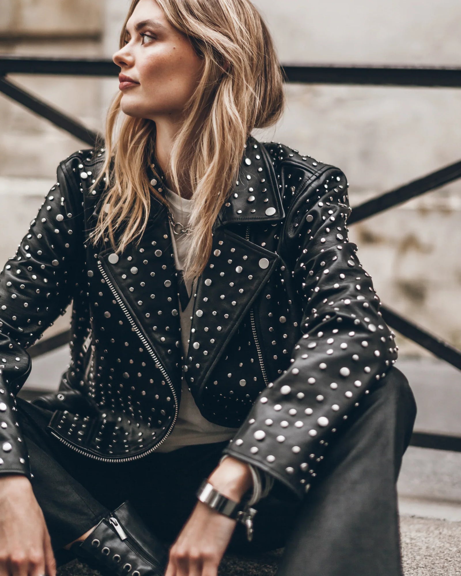 Women’s studded leather jackets with bold biker and punk inspired styling