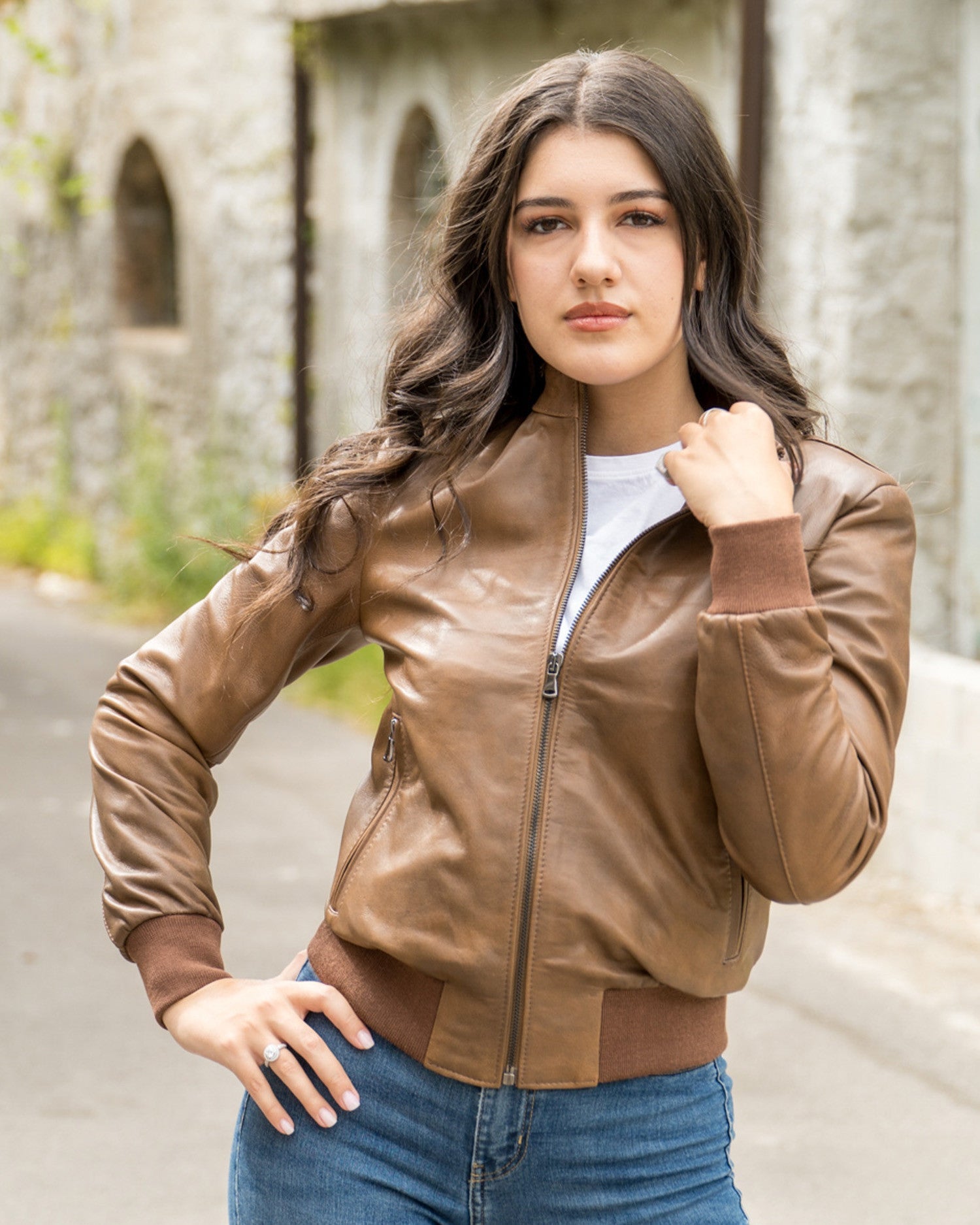 Women’s leather bomber jackets in premium leather with classic zip-front styling, ribbed trims and timeless casual outerwear appeal.