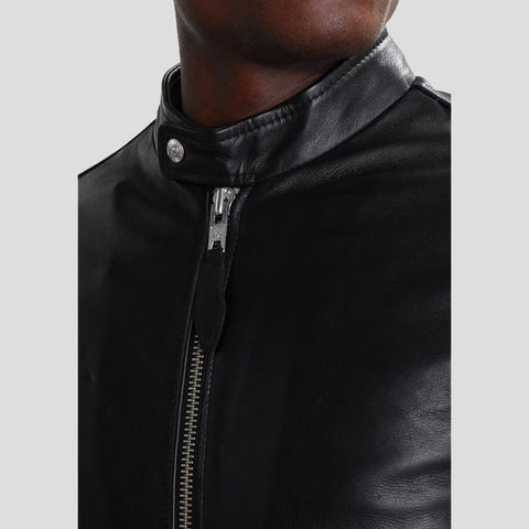 men's black quilted lambskin leather biker jacket dorian detail close up