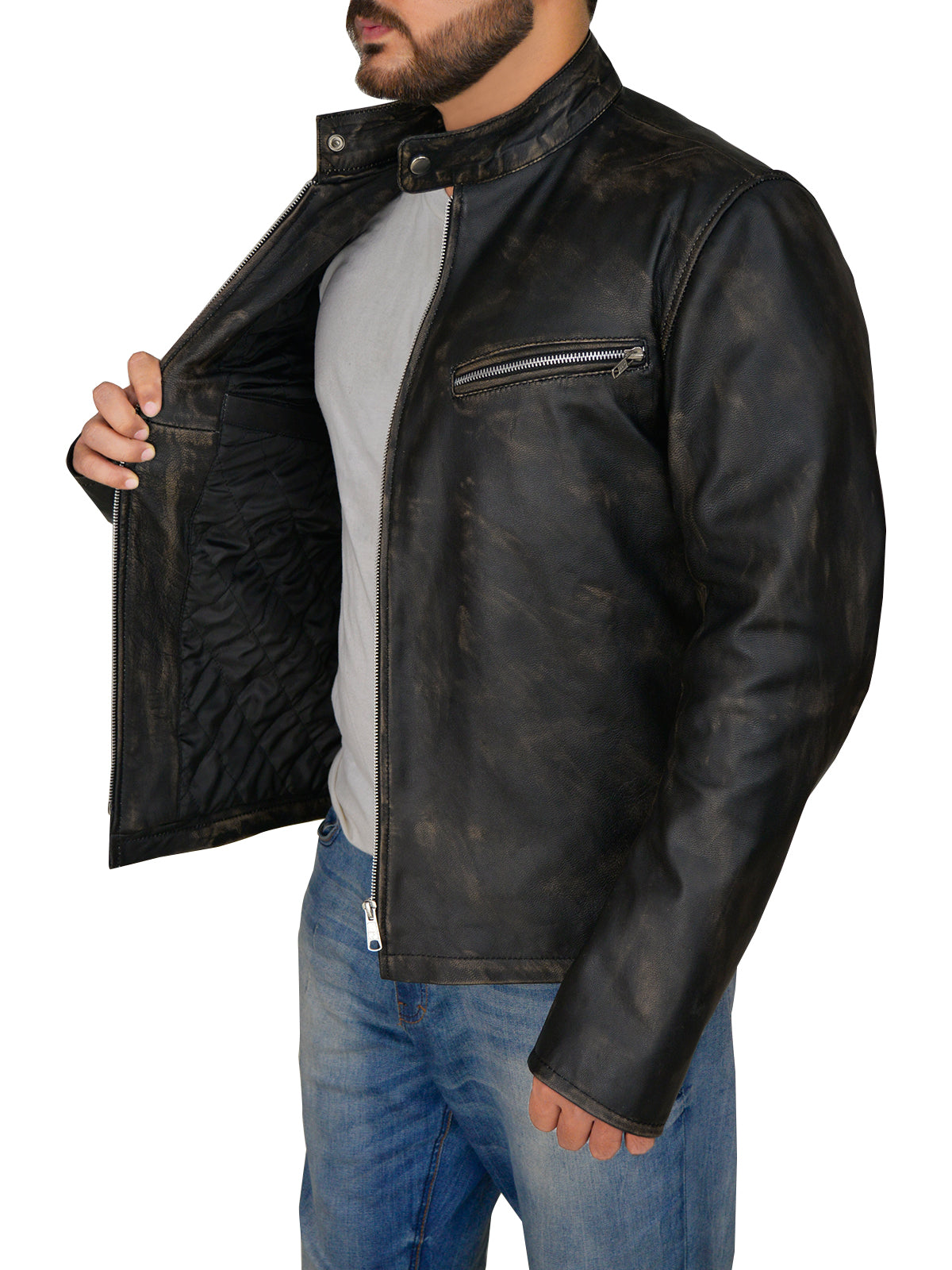 men's black distressed leather racer jacket lucien texture detail