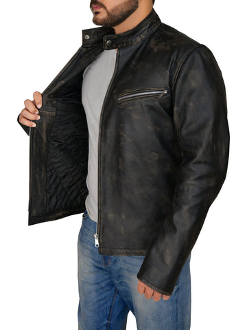 men's black distressed leather racer jacket lucien texture detail