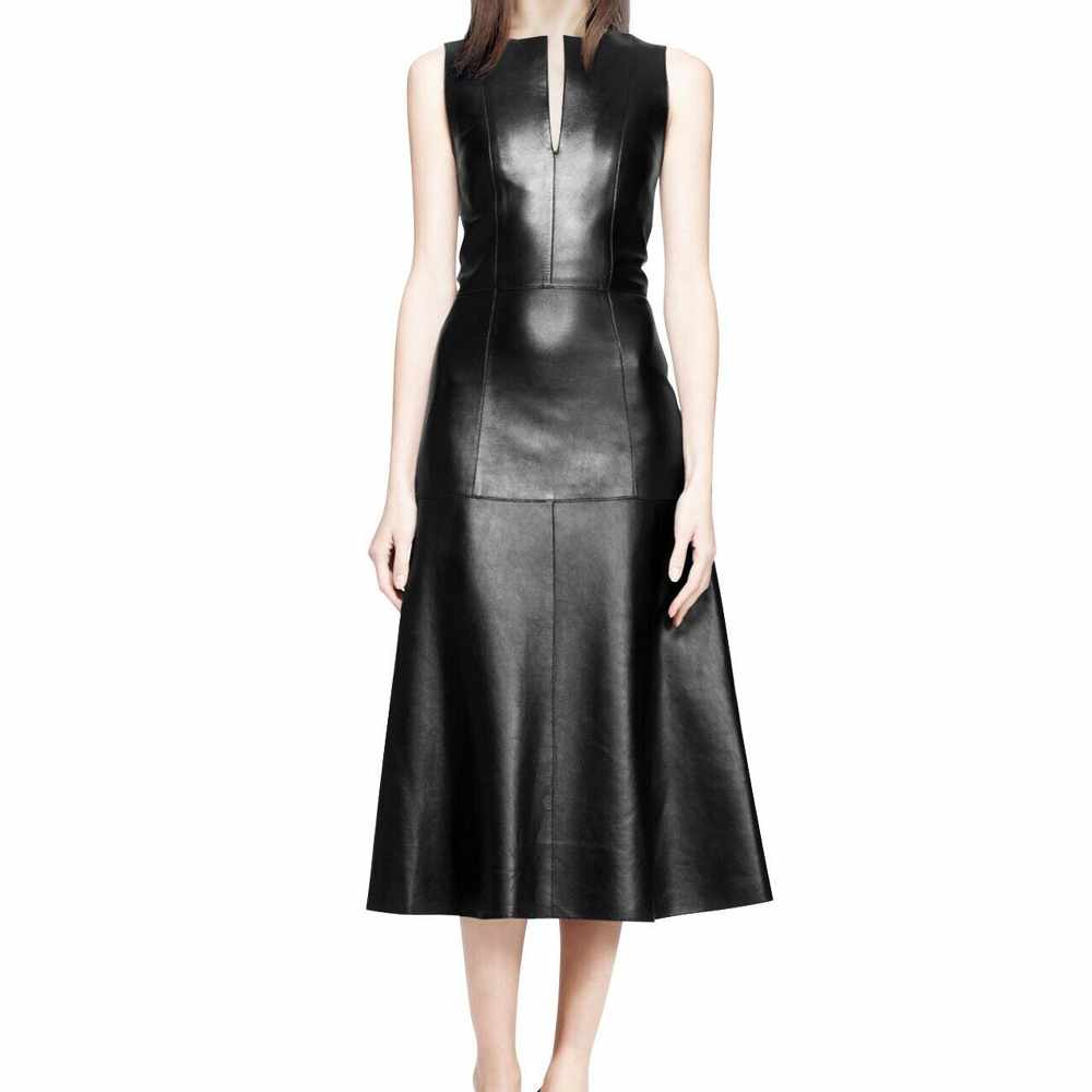 Women Black Leather Long Party Dress Coat - AMSEL LEATHERS