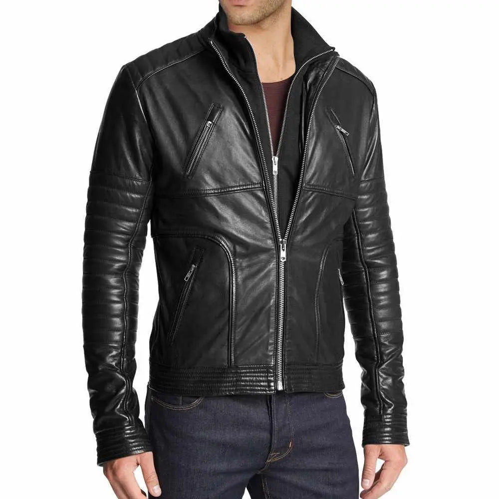 Men Slim Fit Black Real Leather Fashion Jacket Amsel Leathers