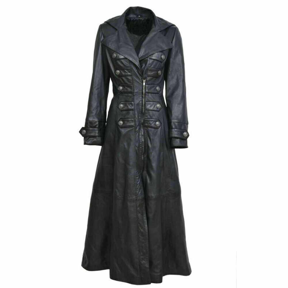 Women Black Genuine Leather Trench Military Long Coat - AMSEL LEATHERS