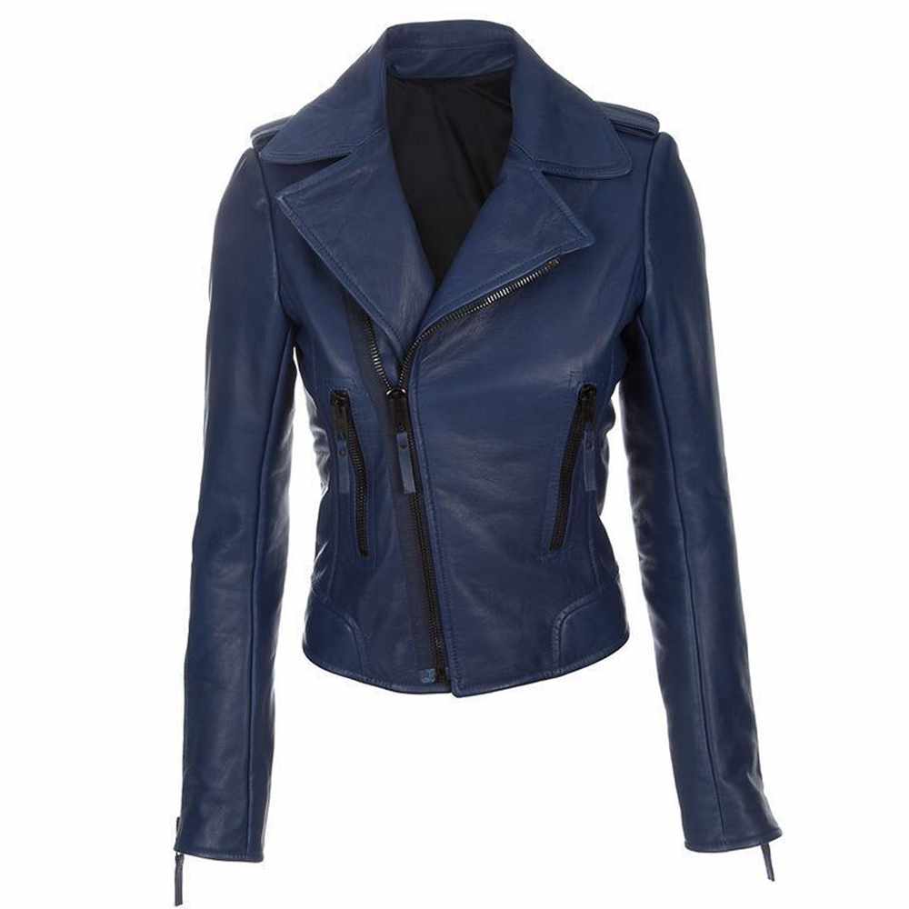 Dark Navy Blue Slim Fit Biker Leather Jacket - AMSEL LEATHERS