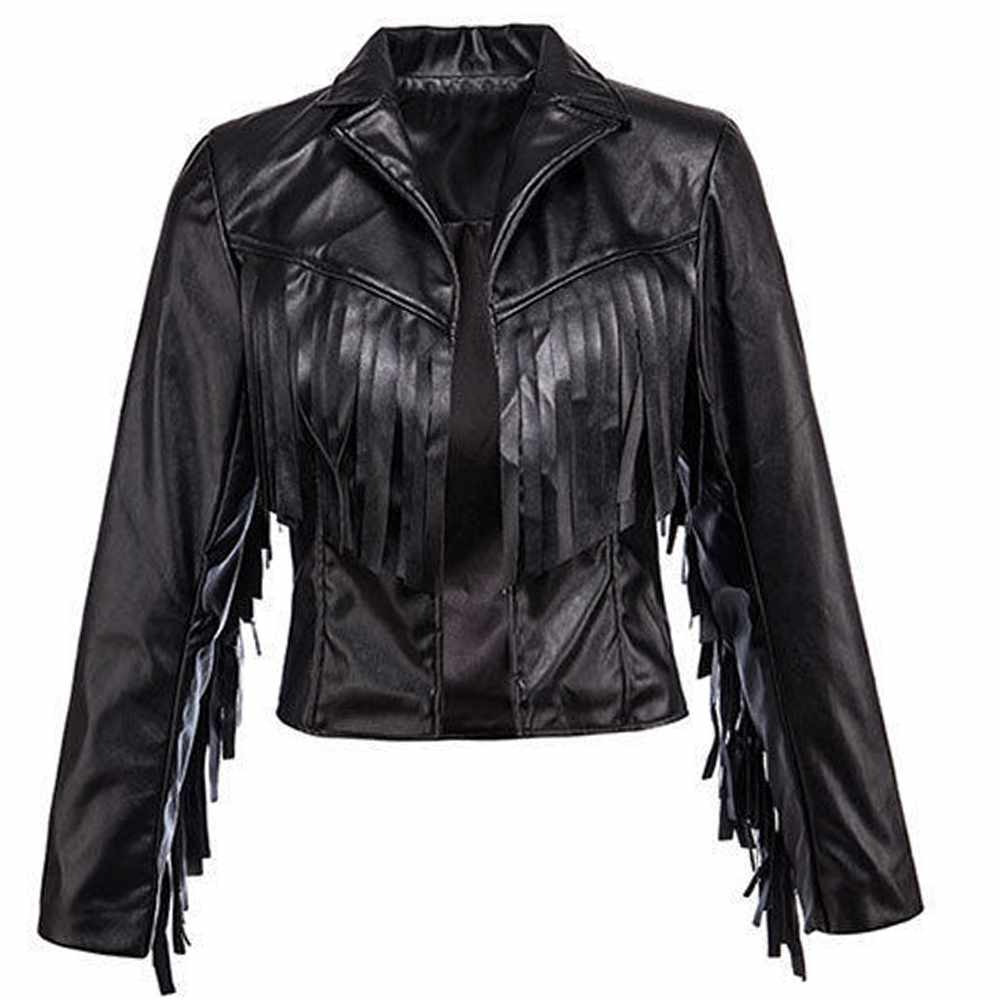 Black Bomber Fashion Fringe Leather Jacket Women - AMSEL LEATHERS