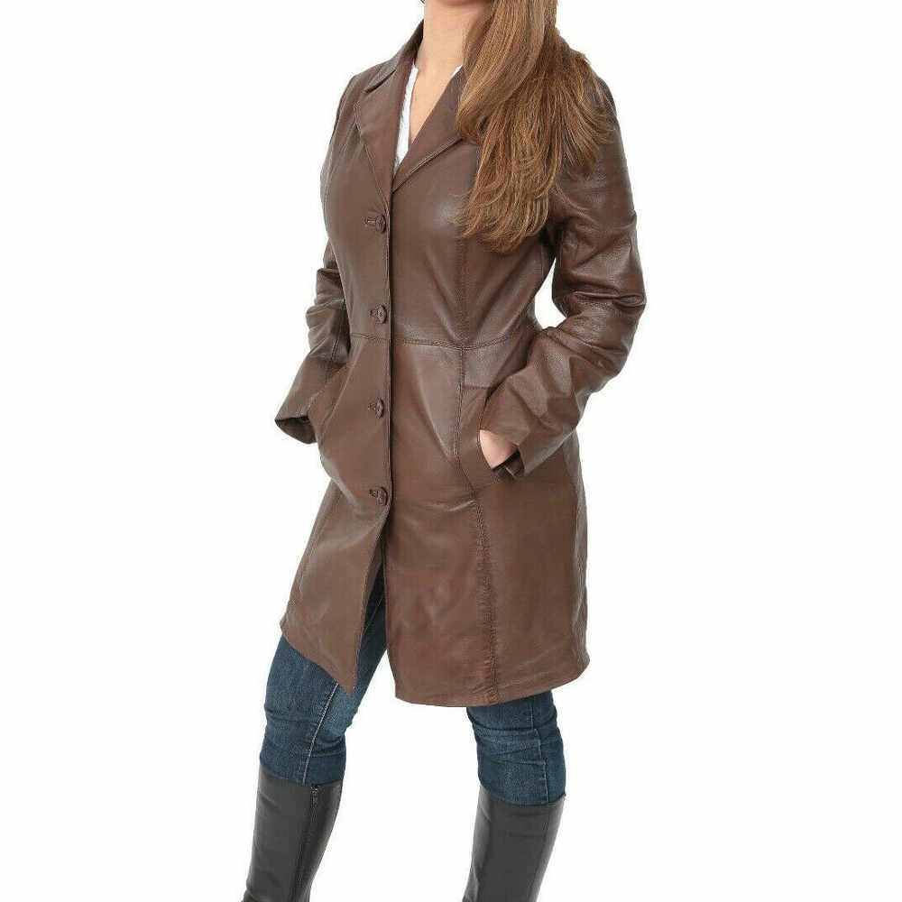 Women Brown Leather Short Body Trench Coat - AMSEL LEATHERS