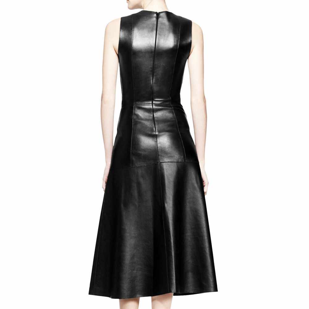 Women Black Leather Long Party Dress Coat - AMSEL LEATHERS