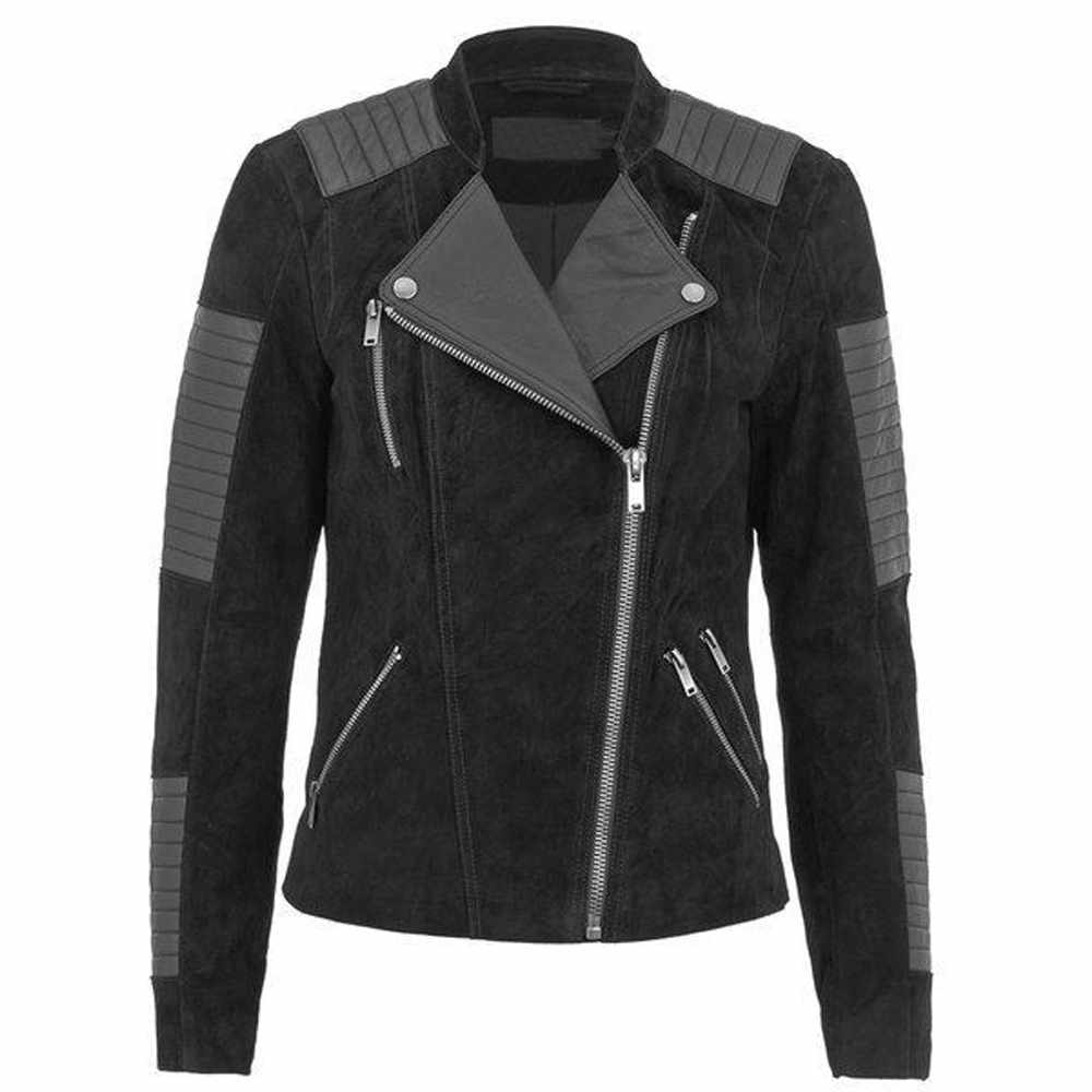 Women Black Nubuck Leather Motorcycle Fashion Jacket - AMSEL LEATHERS