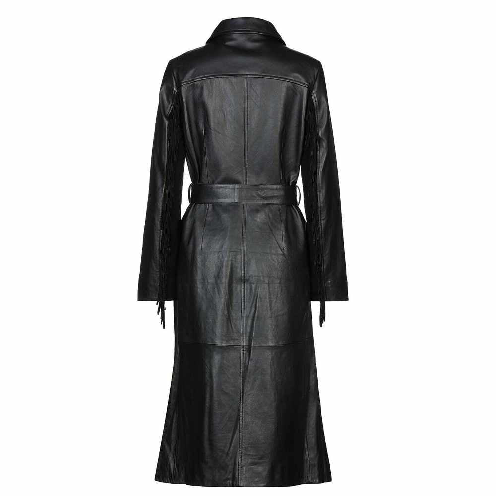 Women Double Breast Long Black Leather Trench Coat Blazer - AMSEL LEATHERS