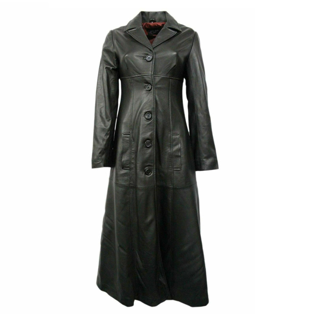 Women Genuine Black Leather Long Trench Overcoat - AMSEL LEATHERS