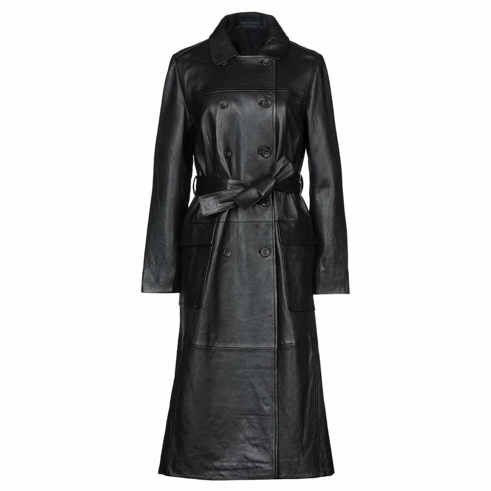 Women Double Breast Long Black Leather Trench Coat Blazer - AMSEL LEATHERS