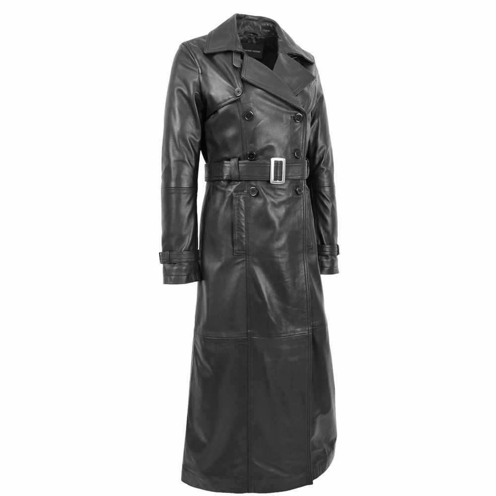 Women Full Length Black Leather Trench Coat Matrix Trinity Long Coat - AMSEL LEATHERS