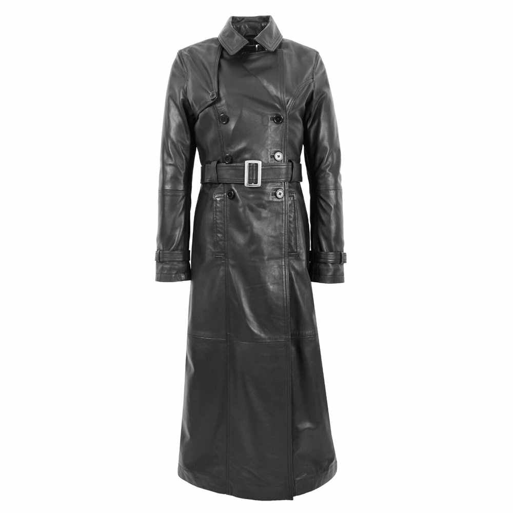 Women Full Length Black Leather Trench Coat Matrix Trinity Long Coat - AMSEL LEATHERS