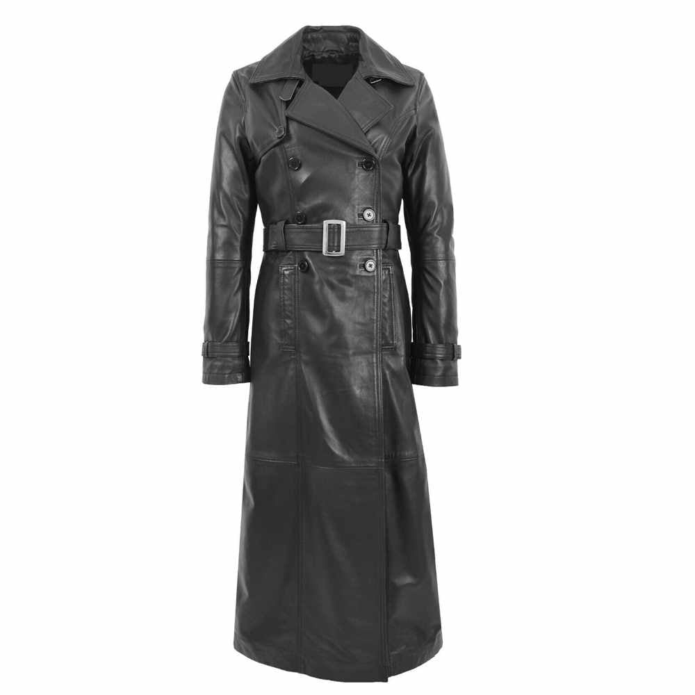 Women Full Length Black Leather Trench Coat Matrix Trinity Long Coat - AMSEL LEATHERS