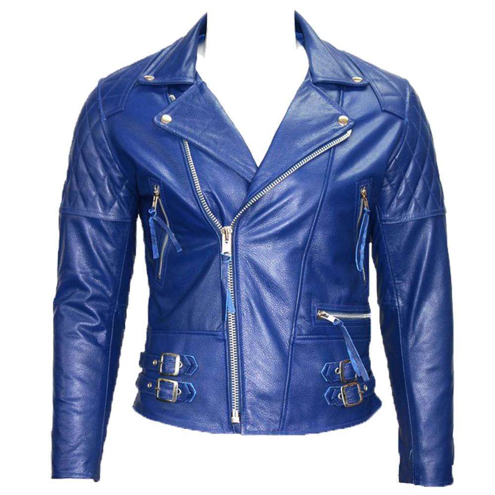 Electric Blue USA Cafe Racer Moto Leather Jacket - AMSEL LEATHERS