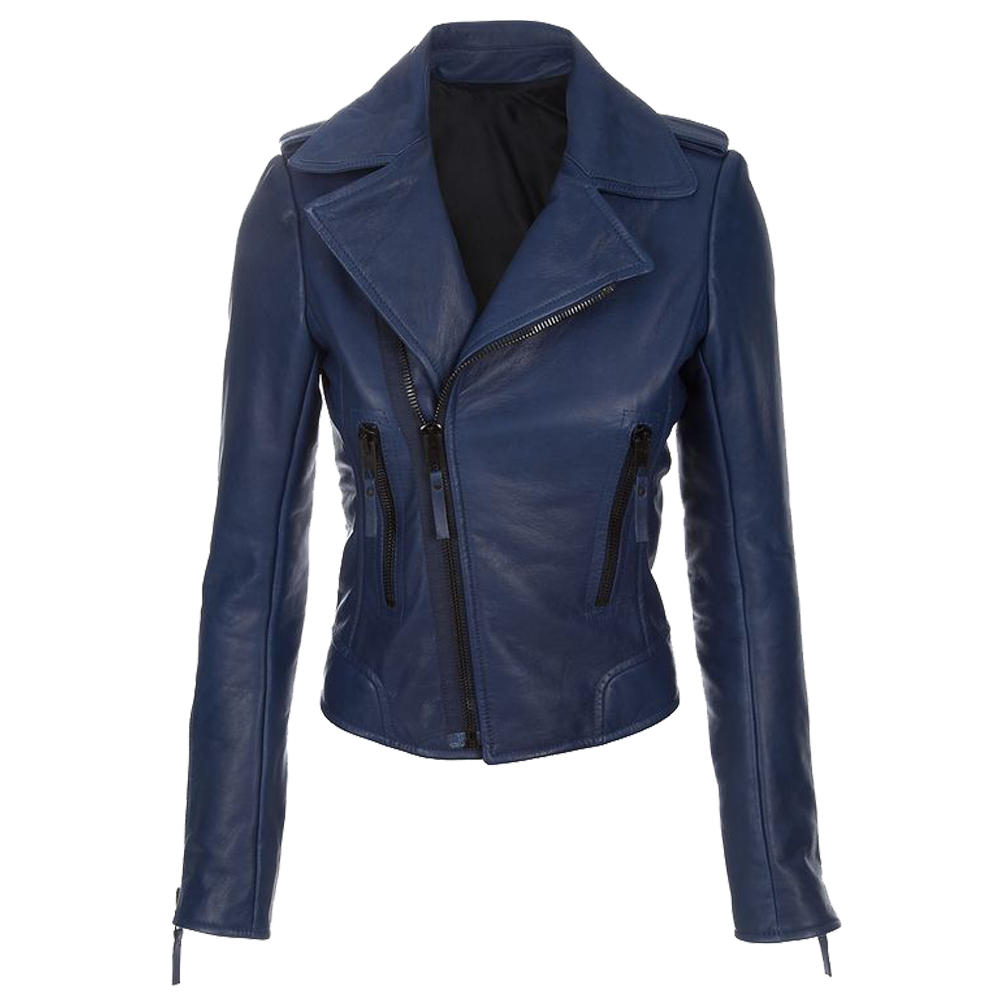 Women Navy Blue Biker Fashion Leather Jacket - AMSEL LEATHERS