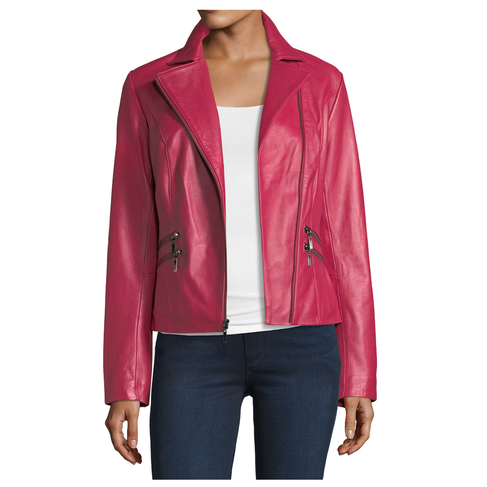 Pink Lambskin Women Biker Leather Jacket - AMSEL LEATHERS