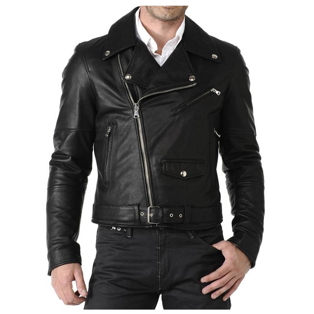 Men Classic Motorcycle Leather Jacket Black Belt - AMSEL LEATHERS