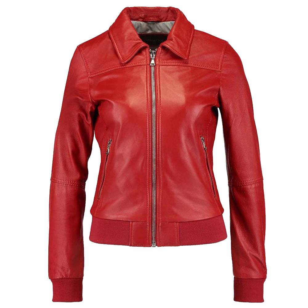 WOMEN RED BOMBER MOTORCYCLE LAMBSKIN SLIM FIT JACKET - AMSEL LEATHERS