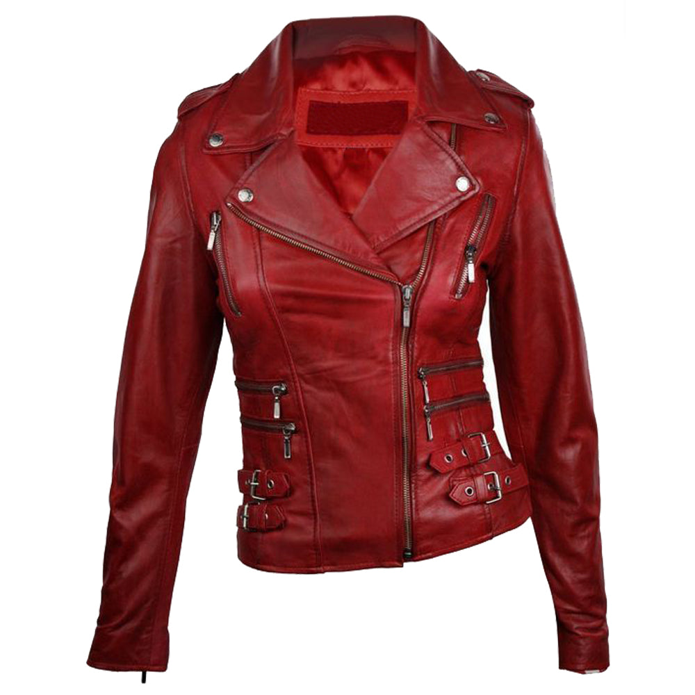 Women Wine Wax Red Motorcycle Leather Jacket - AMSEL LEATHERS