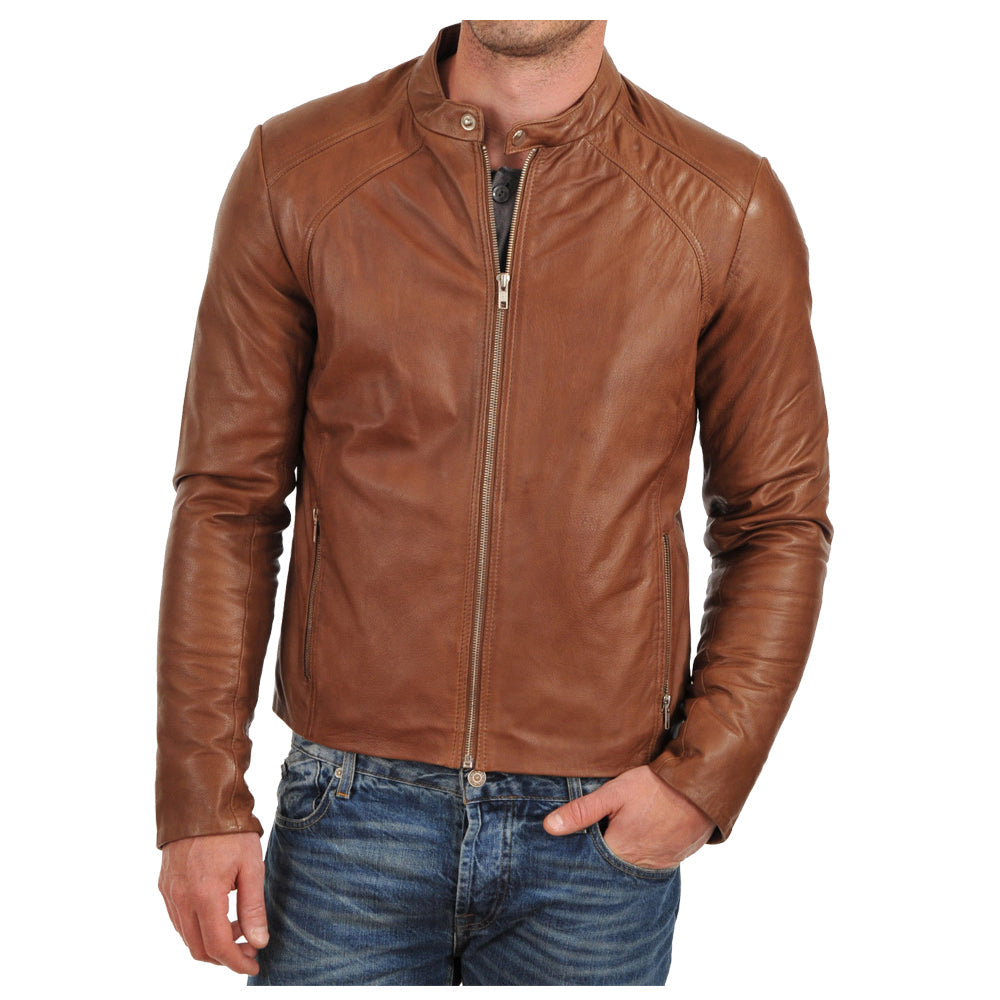 Men Brown Bomber Biker Tan Leather Jacket - AMSEL LEATHERS