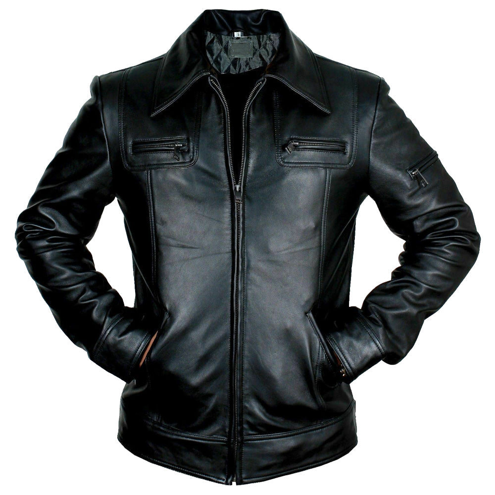 Men Buster Slim Fit Retro Black Leather Jacket - AMSEL LEATHERS