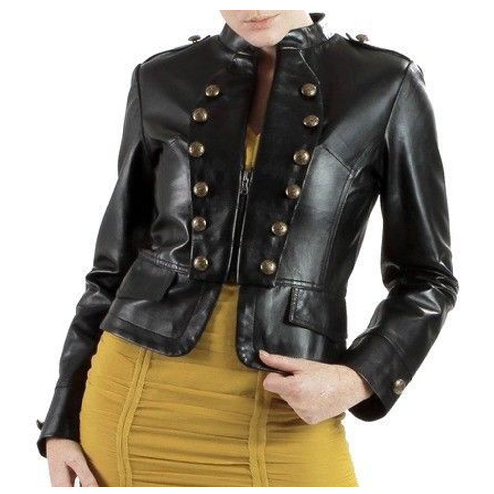 Women Short Body Military Lambskin Leather Jacket - AMSEL LEATHERS