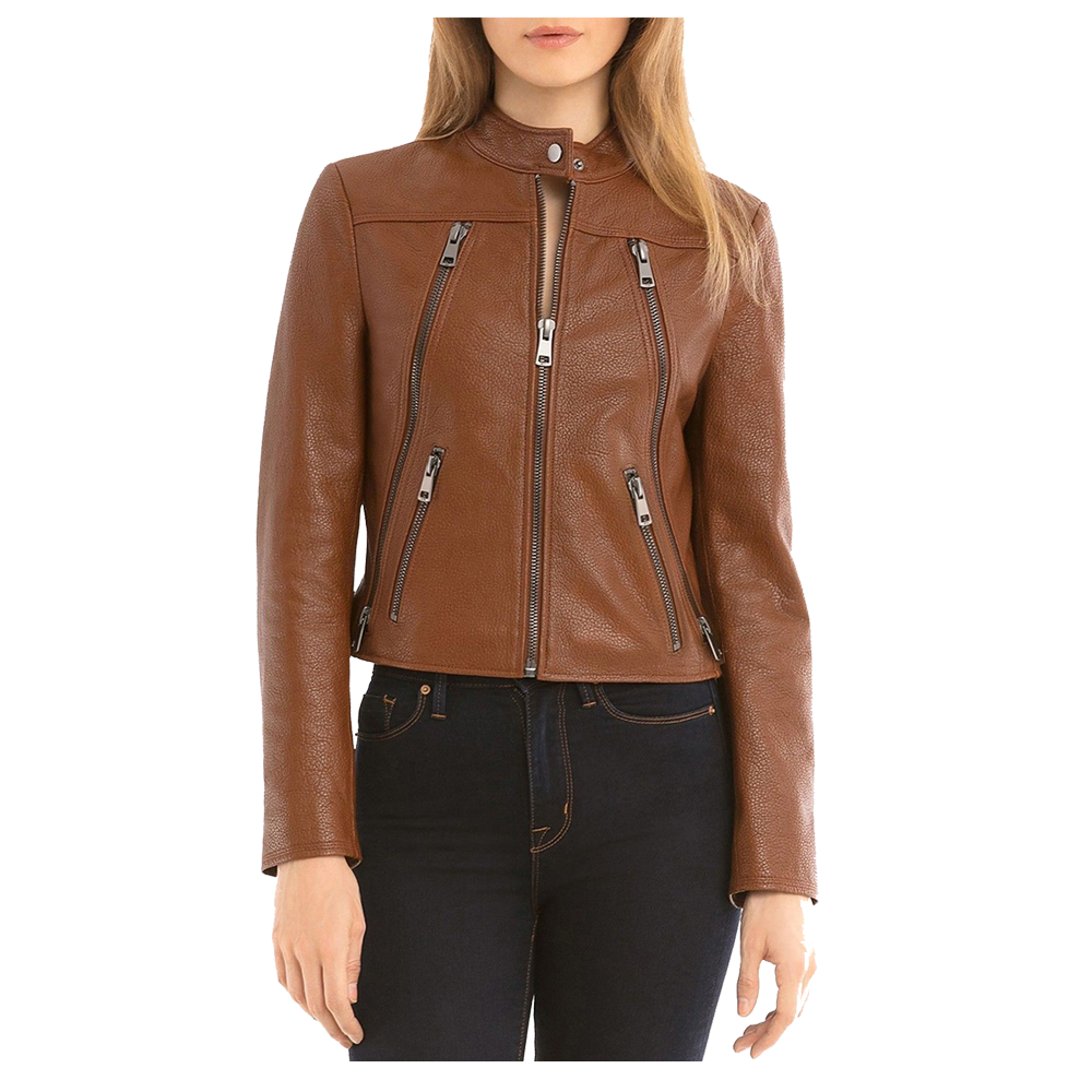 Women Slim Fit Fashion Brown Biker Leather Jacket - AMSEL LEATHERS