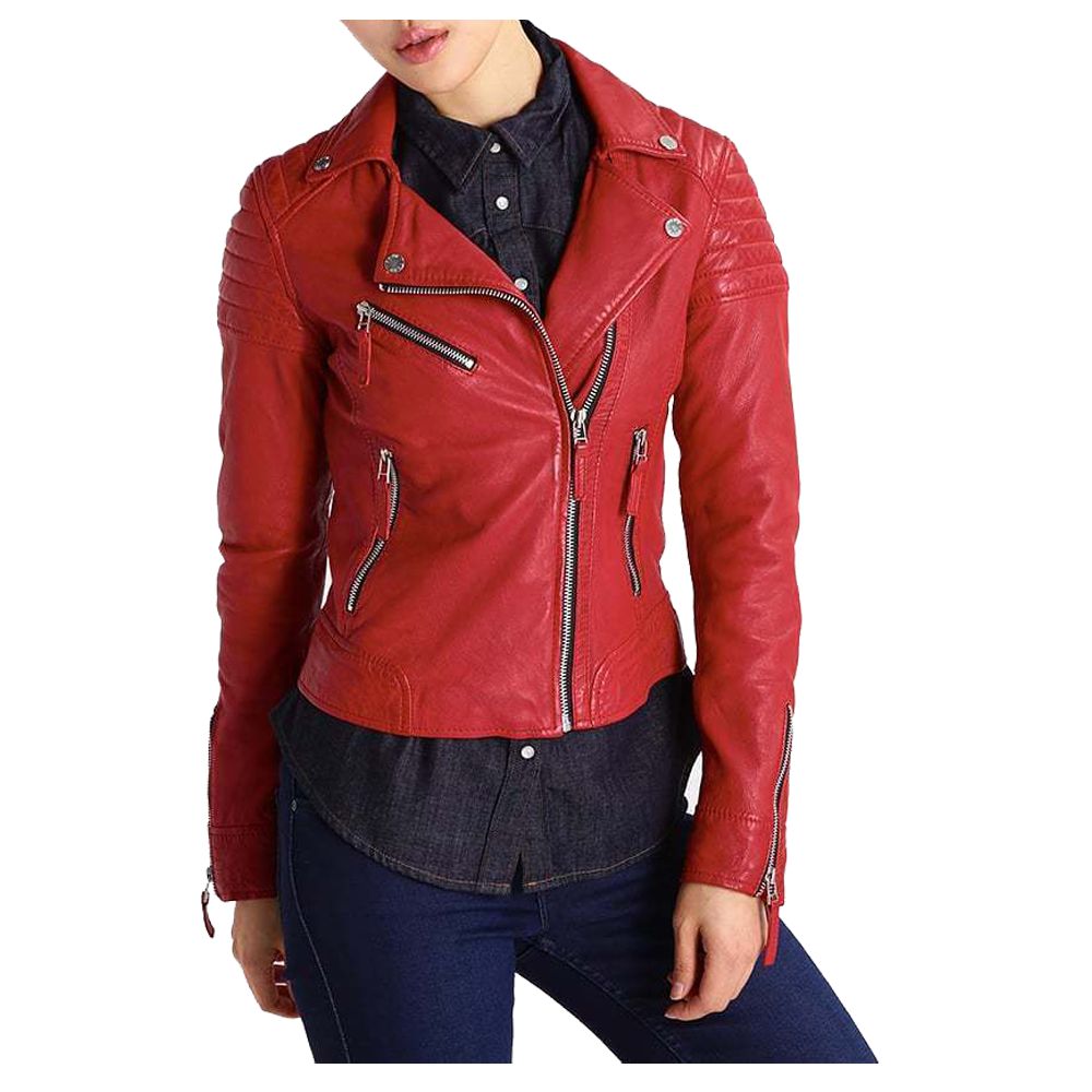 Women Slim Fit Motorcycle Genuine Red Leather Jacket - AMSEL LEATHERS