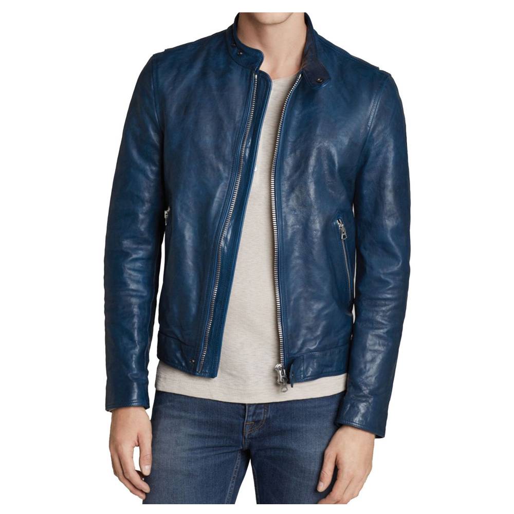 Slim Fit Blue Biker Fashion Leather Jacket Mens - AMSEL LEATHERS