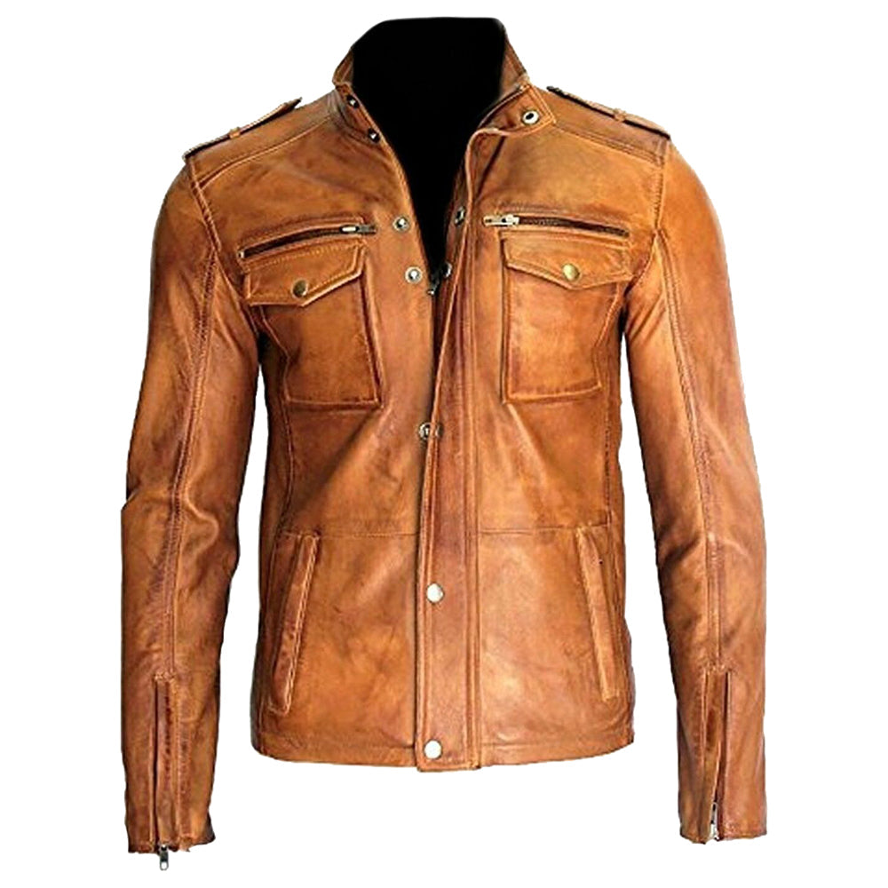 Men Fashion Real Lambskin Tan Leather Waxed Moto Jacket - AMSEL LEATHERS