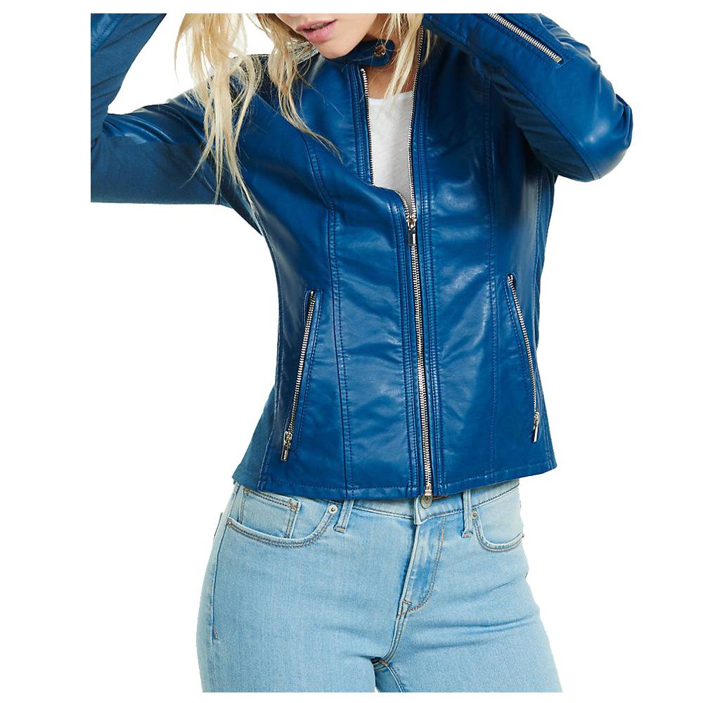 Women Blue Soft Lambskin Motorcycle Racer Leather Jacket - AMSEL LEATHERS