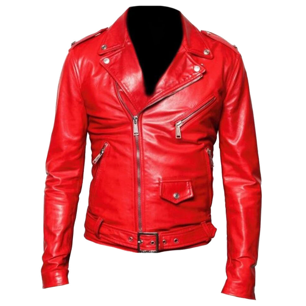 Men Red Classic Motorbike Leather Jacket - AMSEL LEATHERS