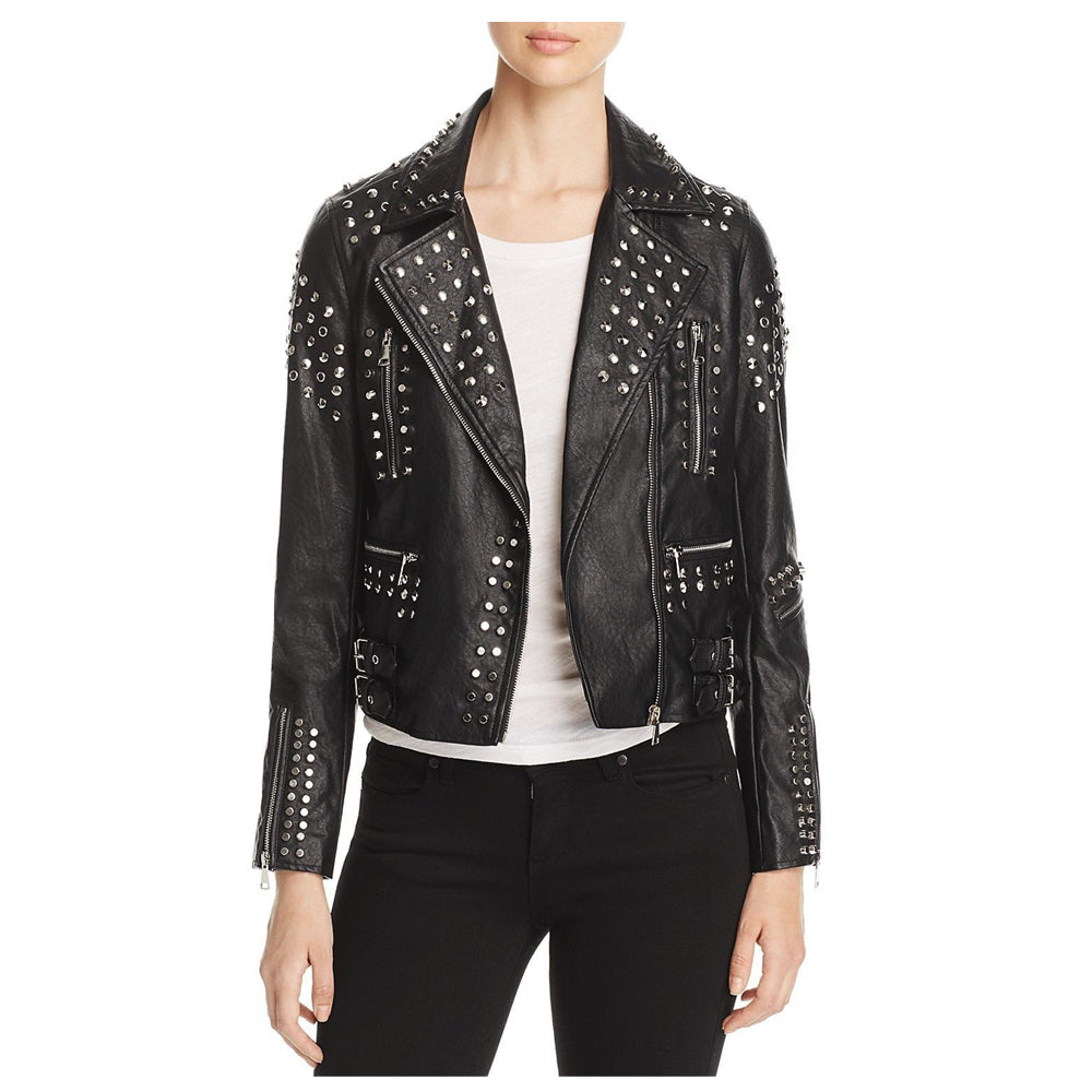 Women Lambskin Leather Stud Pin Biker Jacket - AMSEL LEATHERS