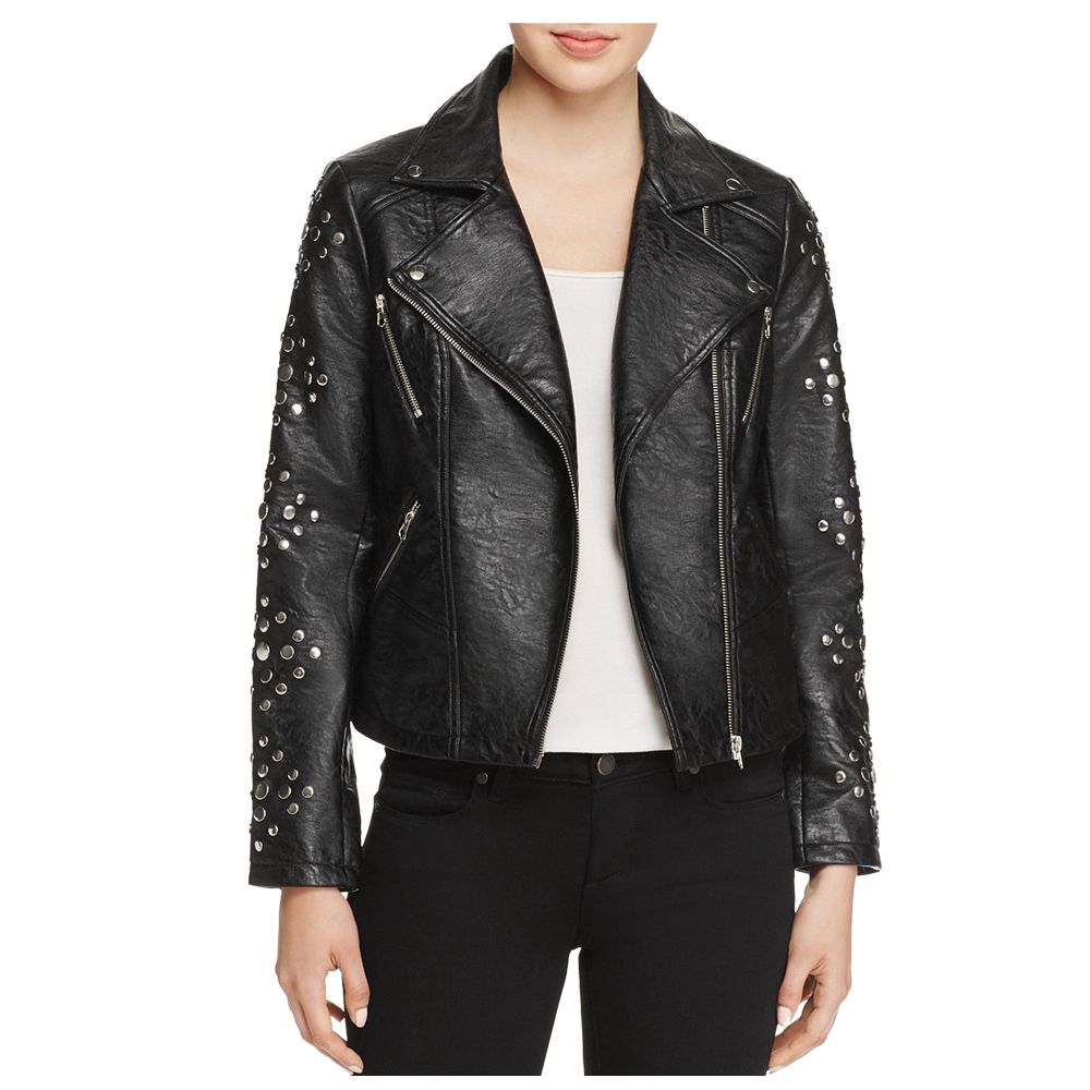 Women Pin Studded Biker Leather Jacket Black - AMSEL LEATHERS