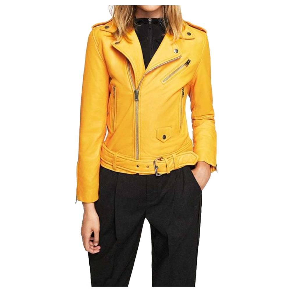 WOMEN YELLOW MANGO SLIM FIT GENUINE MOTORCYCLE LEATHER JACKET - AMSEL LEATHERS