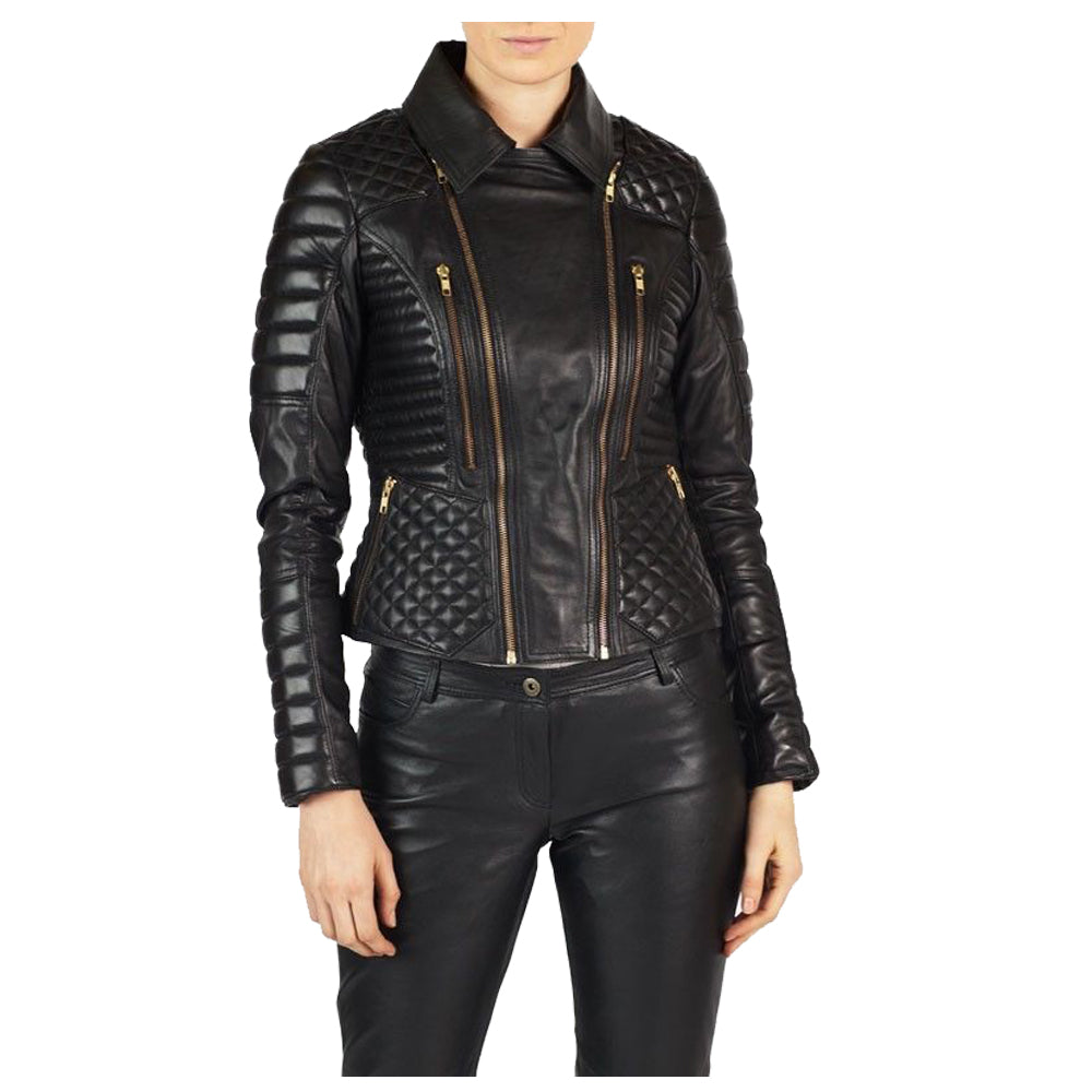 Women Motorcycle Biker Leather Jacket Gold Zipper - AMSEL LEATHERS