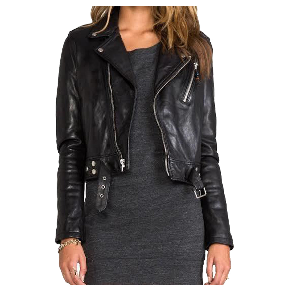 WOMEN SHORT BODY LAMBSKIN BIKER LEATHER JACKET - AMSEL LEATHERS