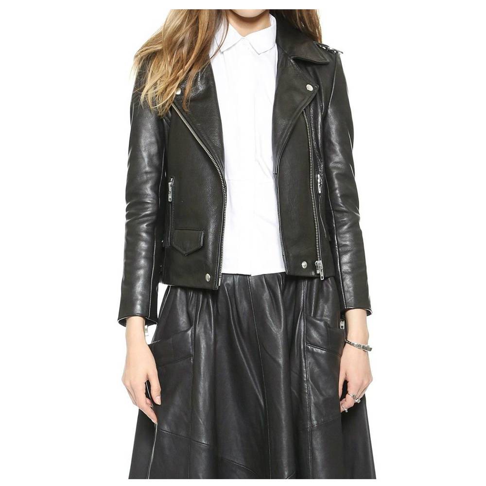 WOMEN GENUINE LAMBSKIN LEATHER BIKER JACKET BLACK ZIPPER BIKER JACKET - AMSEL LEATHERS